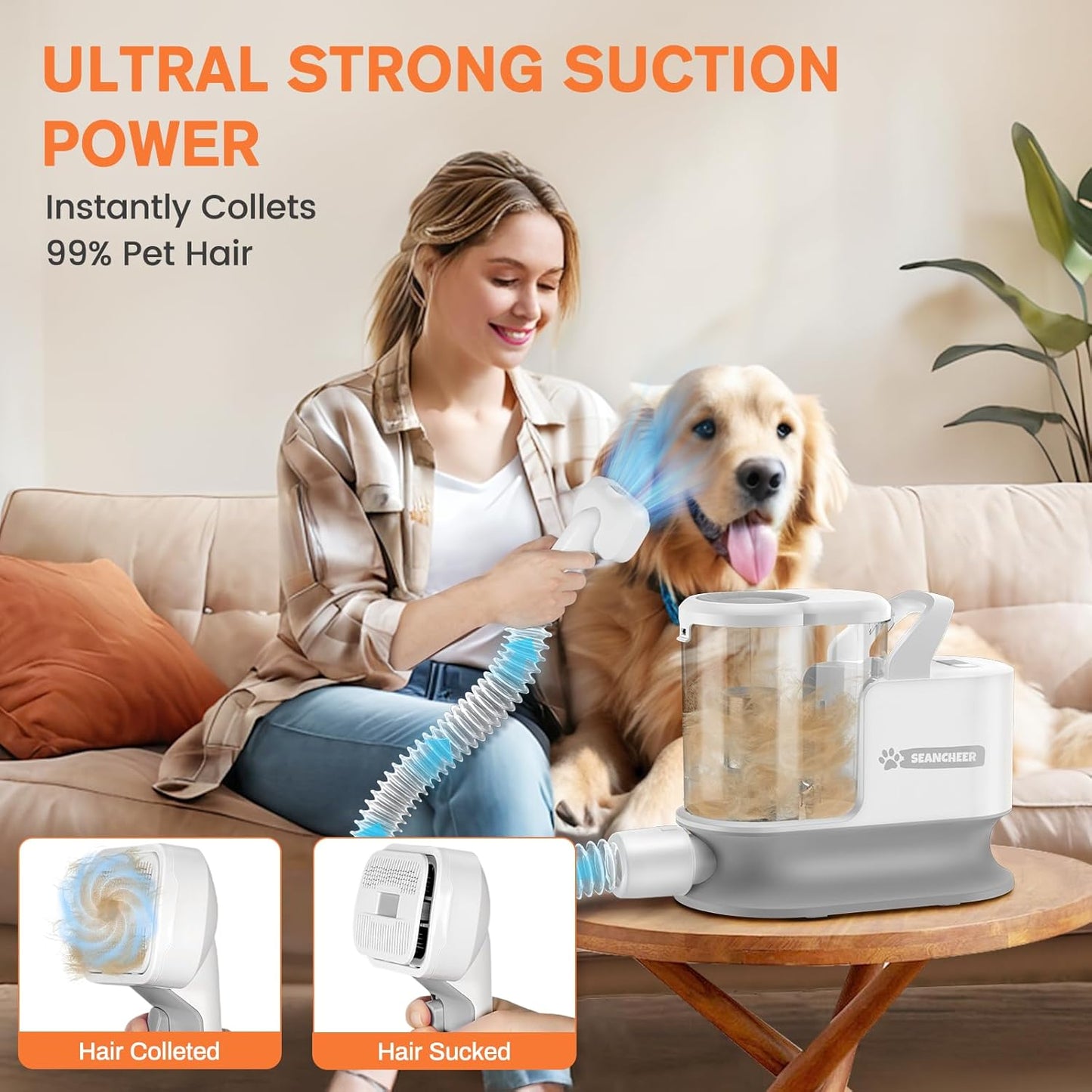 Dog Grooming Vacuum Kit (Ultra-Quiet, 10000Pa Suction, 5 Tools, 4 Combs, 3L Dustbin, Grey)