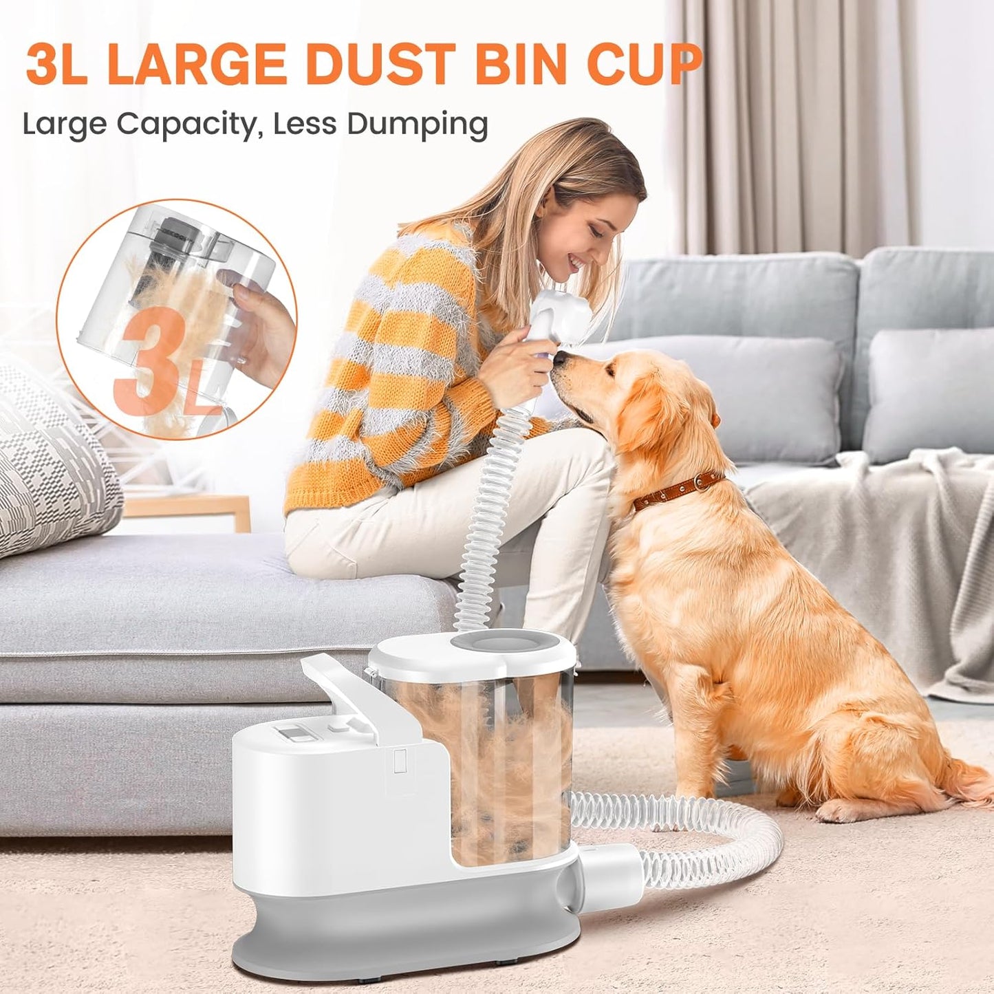 Dog Grooming Vacuum Kit (Ultra-Quiet, 10000Pa Suction, 5 Tools, 4 Combs, 3L Dustbin, Grey)