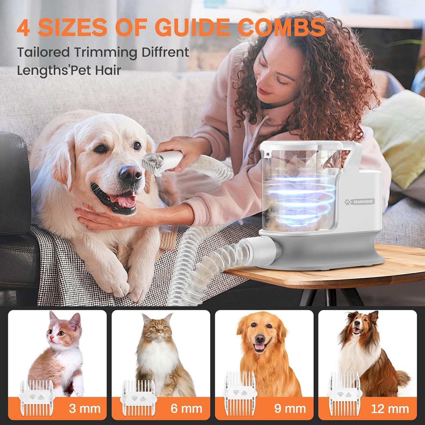 Dog Grooming Vacuum Kit (Ultra-Quiet, 10000Pa Suction, 5 Tools, 4 Combs, 3L Dustbin, Grey)