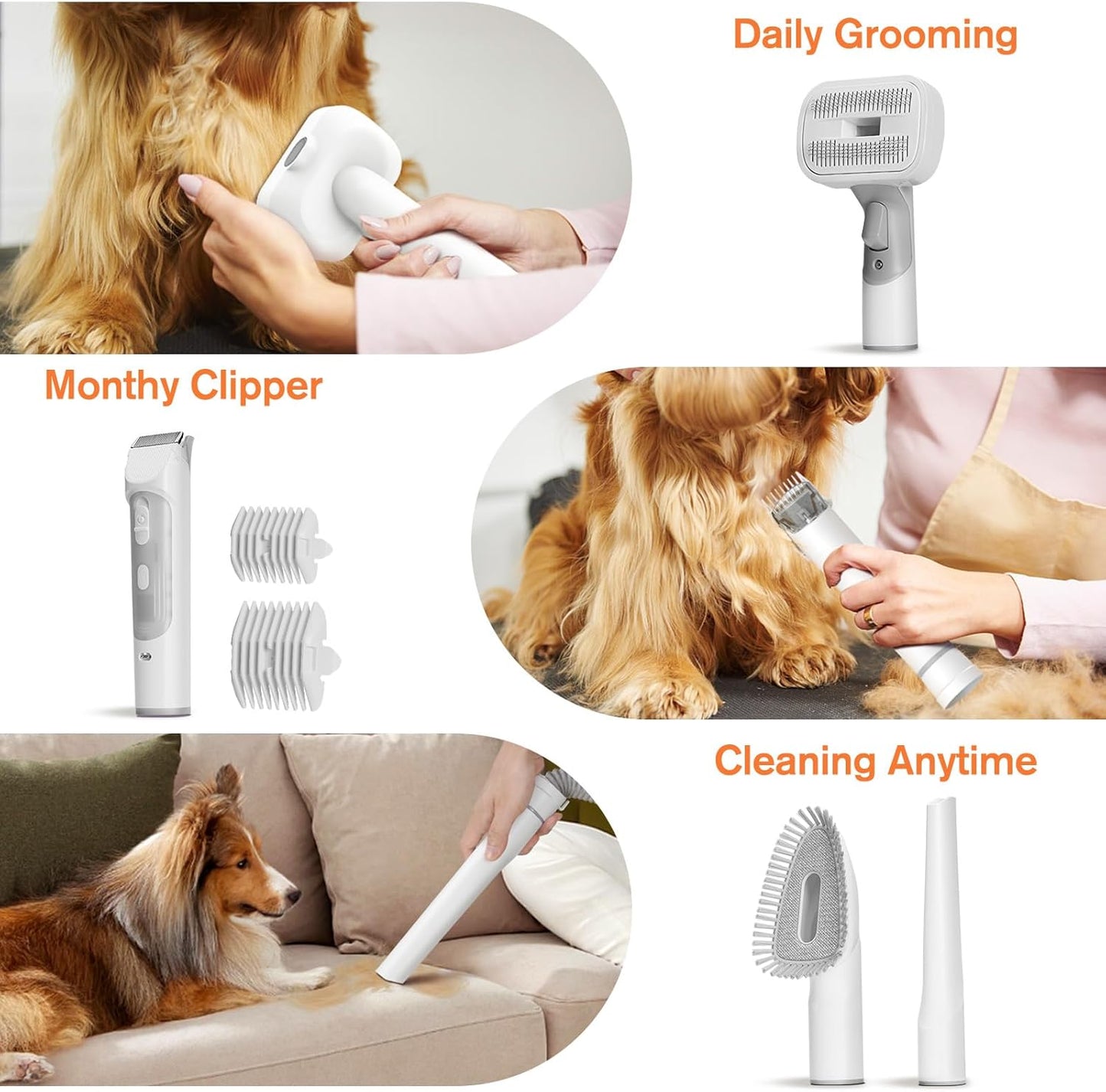 Dog Grooming Vacuum Kit (Ultra-Quiet, 10000Pa Suction, 5 Tools, 4 Combs, 3L Dustbin, Grey)