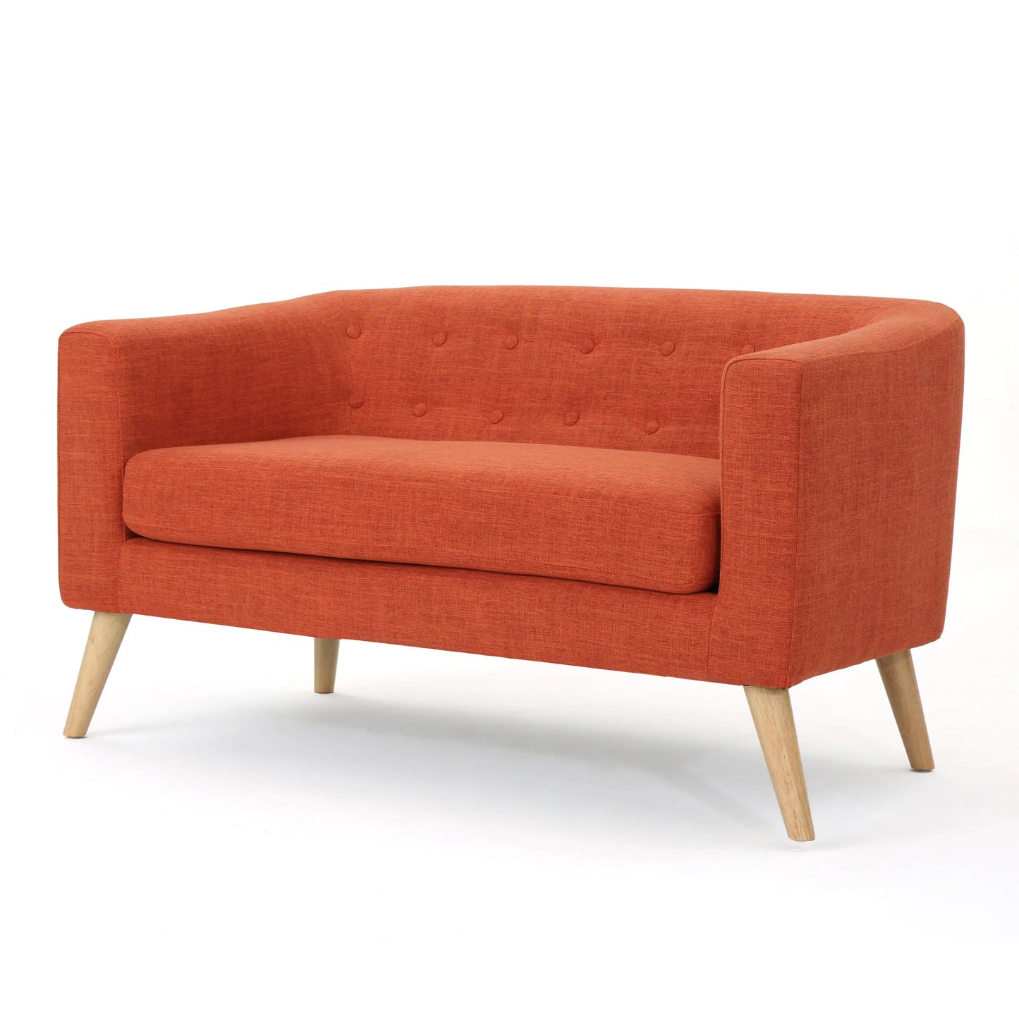 Double Sofa – Mid-Century Modern Orange Loveseat with Button Tufting & Light Birch Legs