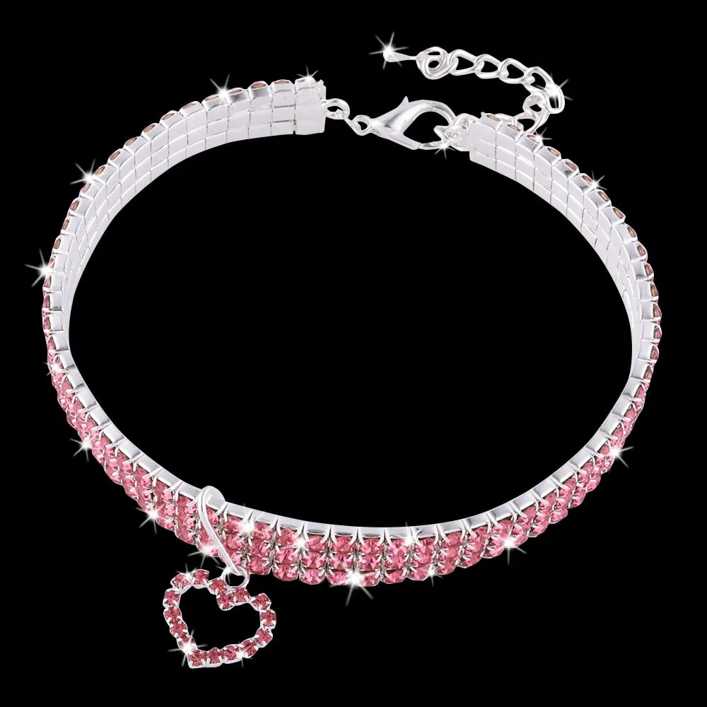 Heart-Shaped Rhinestone Dog & Cat Collar – Sparkling Alloy Pet Necklace for Everyday Glamour