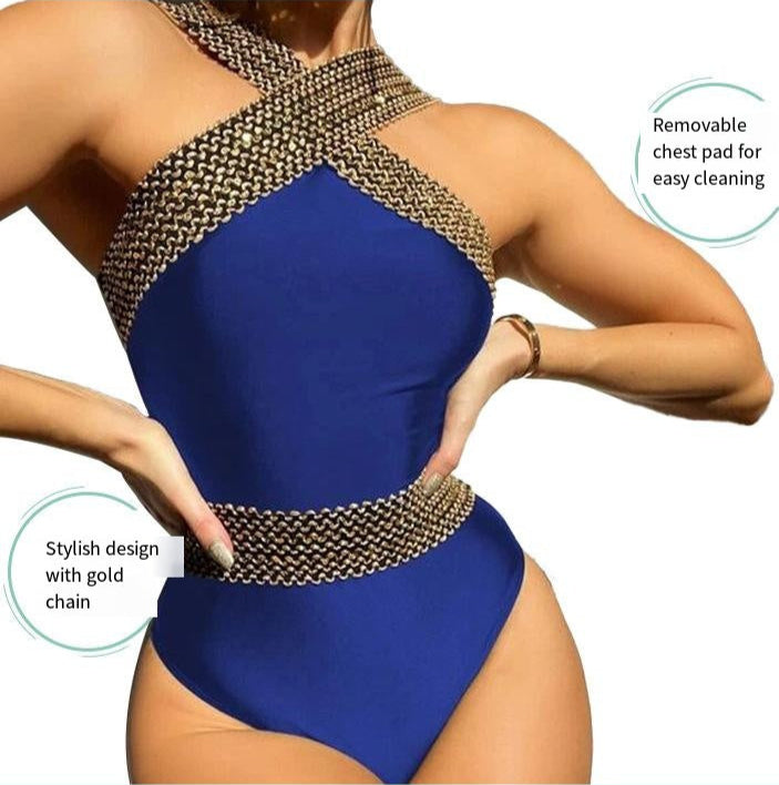 Shiny Gold Chain One-Piece Swimsuit – Luxury Statement Swimwear in Blue and Black (Sizes S–3XL)