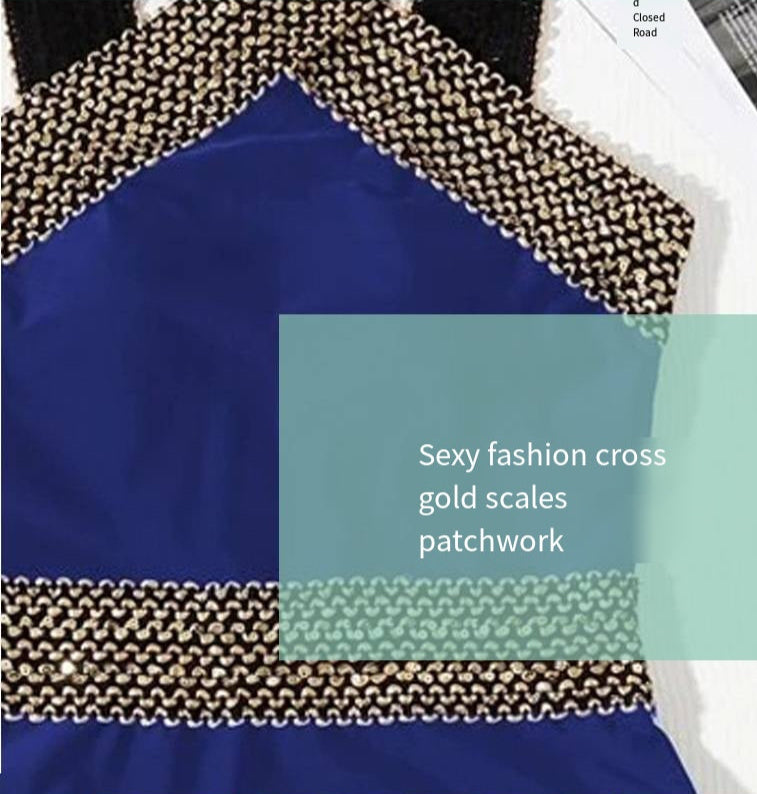 Shiny Gold Chain One-Piece Swimsuit – Luxury Statement Swimwear in Blue and Black (Sizes S–3XL)
