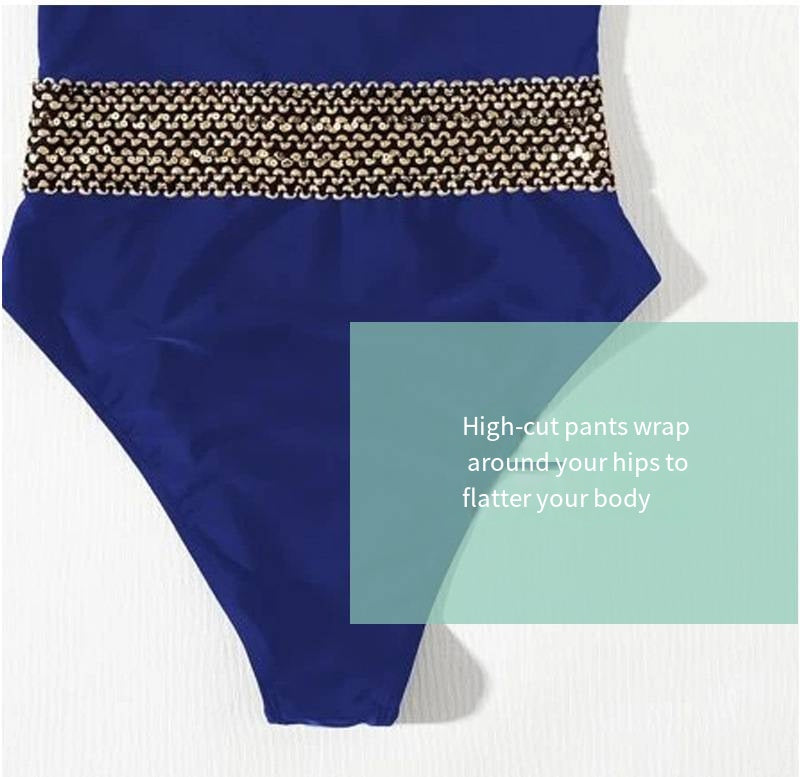 Shiny Gold Chain One-Piece Swimsuit – Luxury Statement Swimwear in Blue and Black (Sizes S–3XL)