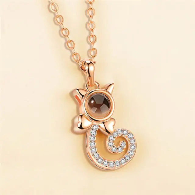 S925 Cat Projection Necklace – Elegant Silver Jewelry with Whimsical Feline Design