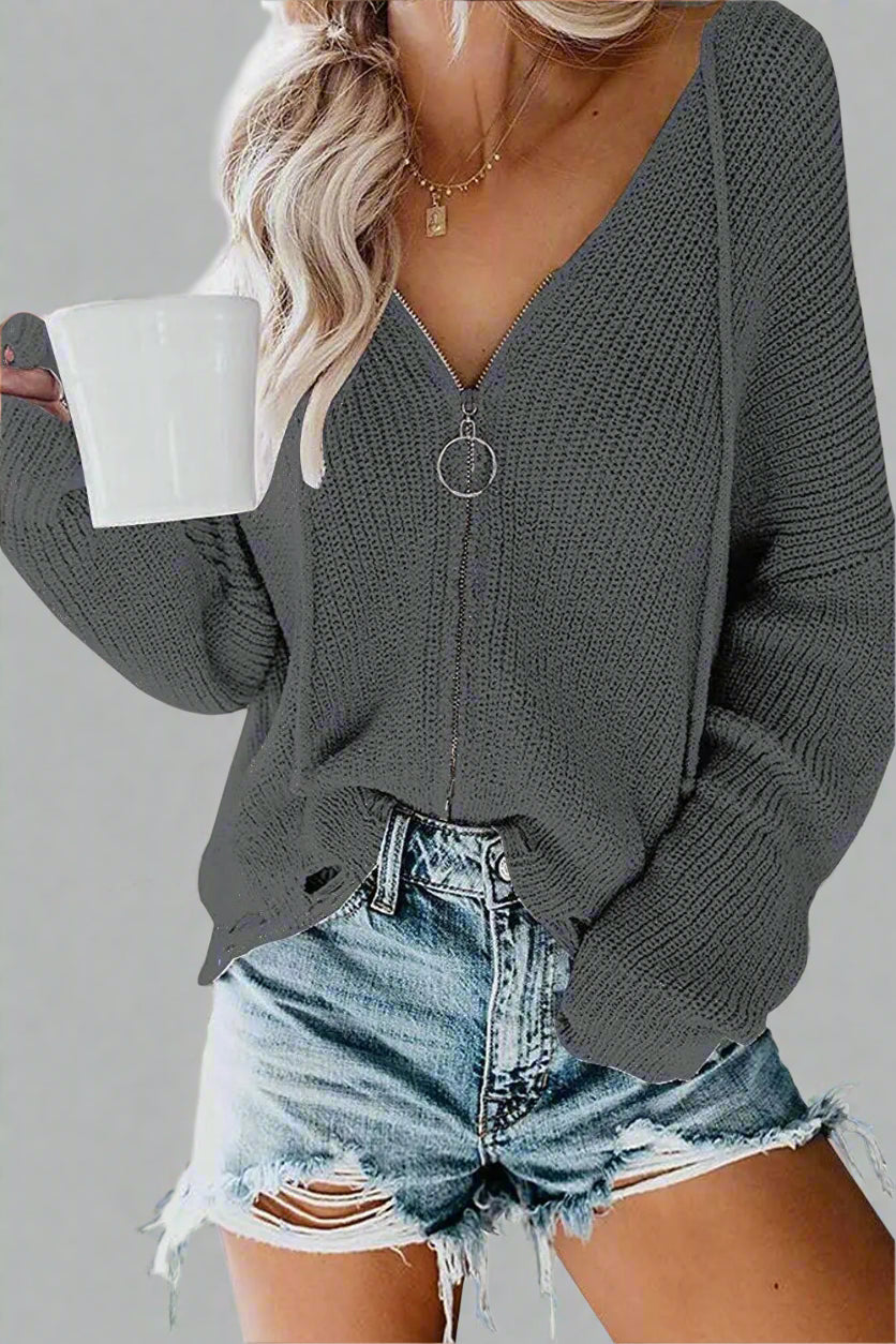 Women’s Hooded Zipper Sweater – Irregular Loose Fit, Acrylic Knit, and Trendy Hooded Style (S–3XL)