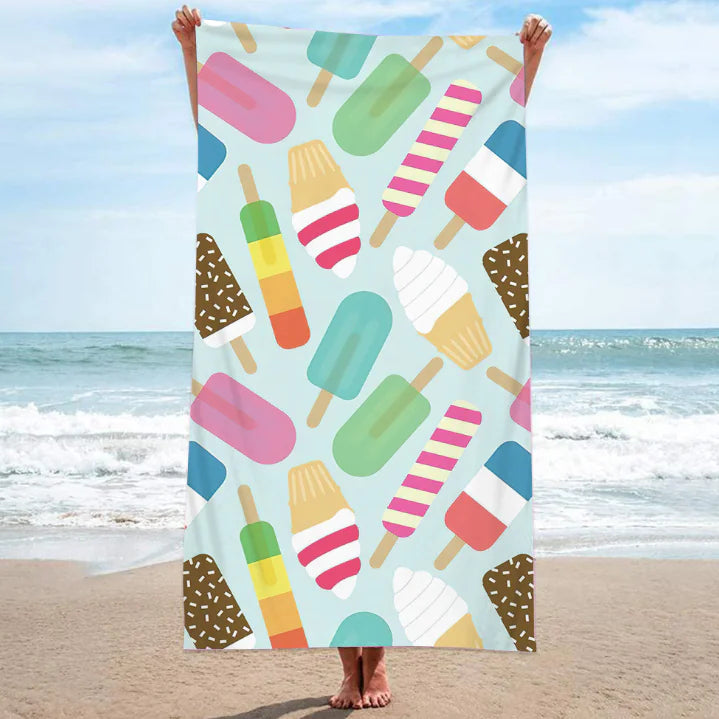 Double-sided Smiling Face Love Ice Cream Printing Beach Towel – Cotton Versatile Towel for Beach, Yoga & Decor