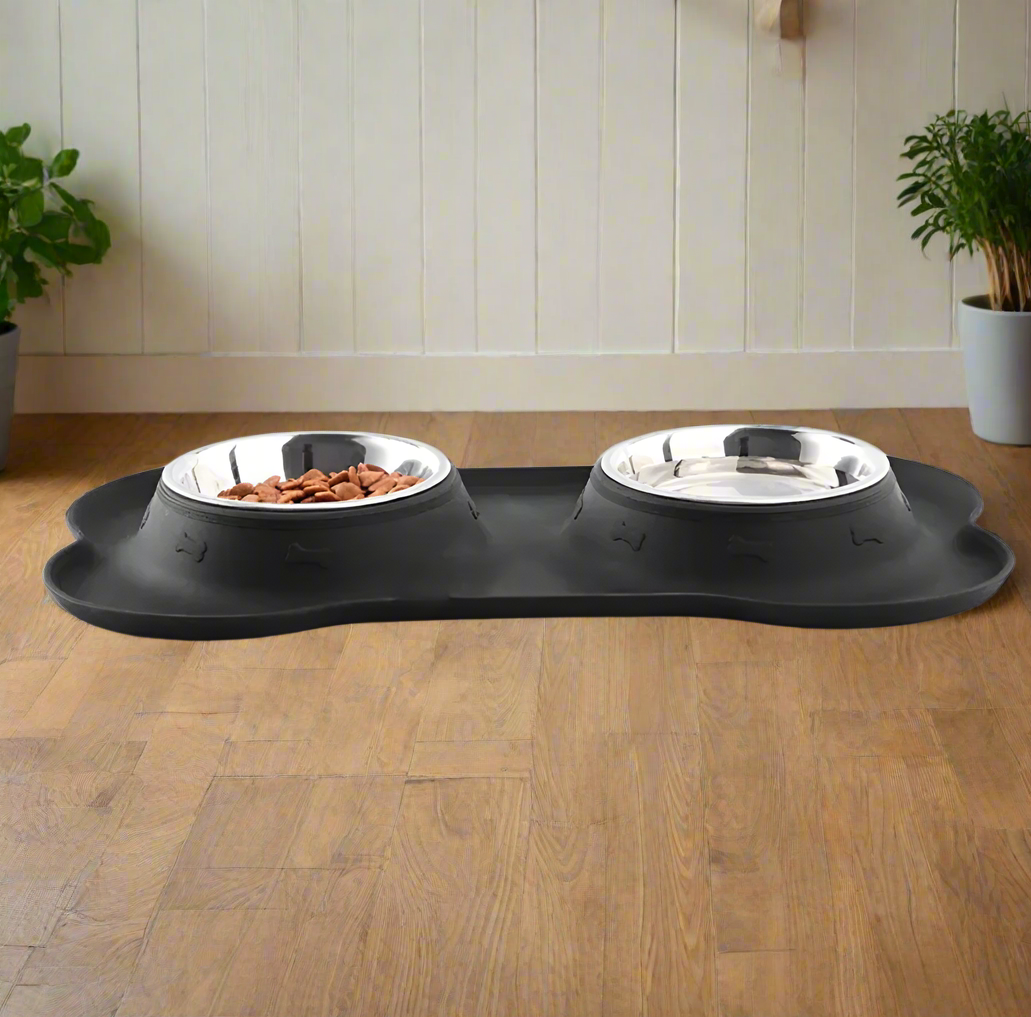 Bone-Shaped Silicone Pet Bowl Mat with Stainless Steel Bowls