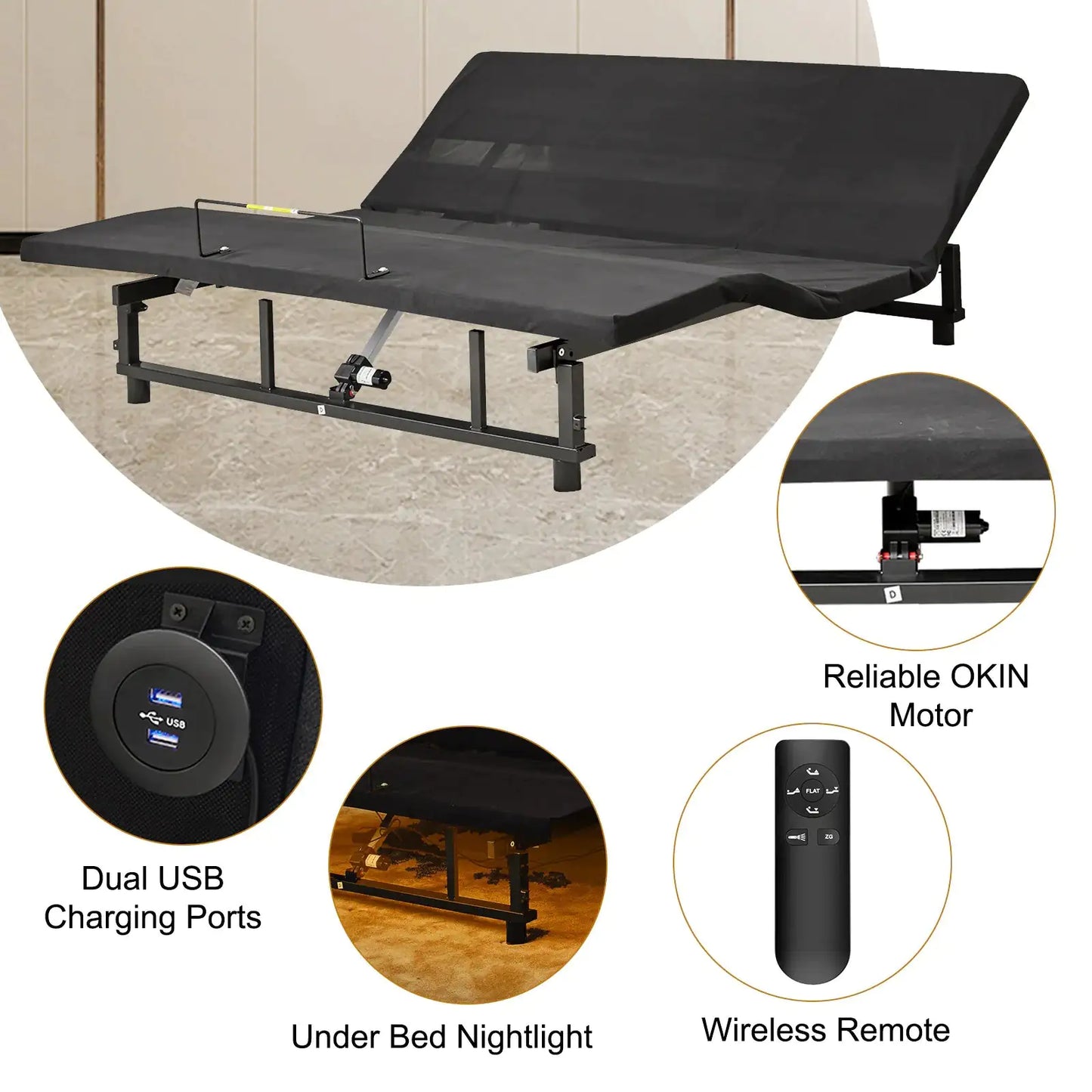 Adjustable Bed Base Frame Head and Foot Incline – King Size | Zero Gravity Silent Motor with Wireless Remote, 4 USB Ports & Under-Bed Nightlight