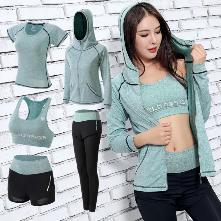 Women's 5-Piece Yoga and Fitness Suit Set – Bra, Shirt, Shorts, Leggings & Jacket – Activewear for Yoga, Gym & Athleisure – Available in Black, Green, Pink (S–3XL)