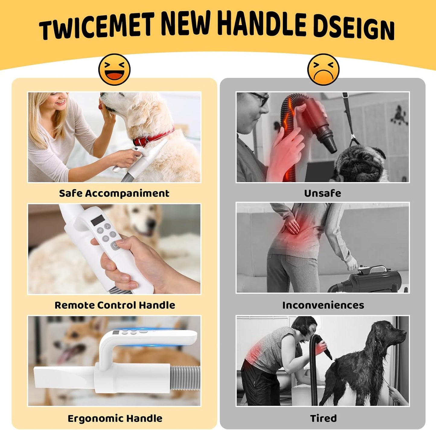 Smart Handle Pet Grooming Dryer (Low Noise, 9-Speed, 4 Nozzles, 90m/s Airflow, Ionic Smoothing)