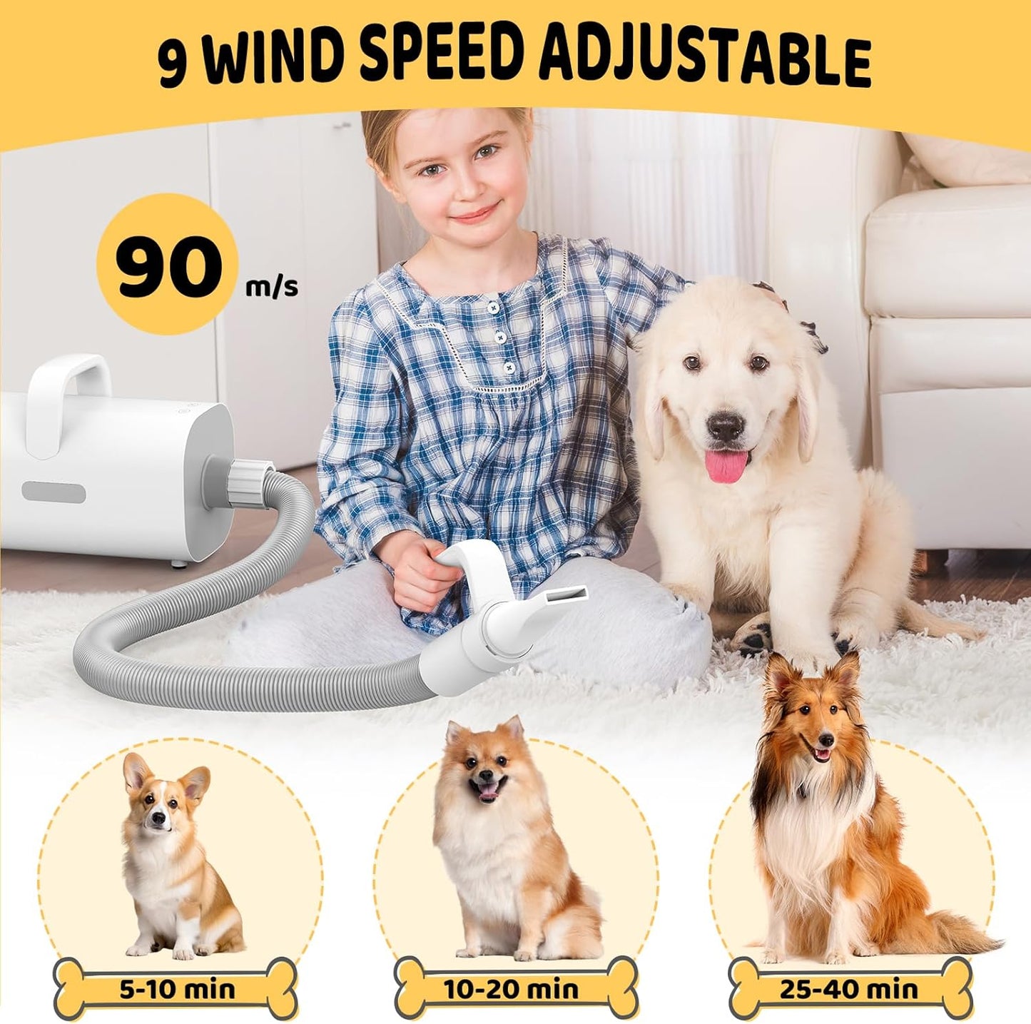 Smart Handle Pet Grooming Dryer (Low Noise, 9-Speed, 4 Nozzles, 90m/s Airflow, Ionic Smoothing)