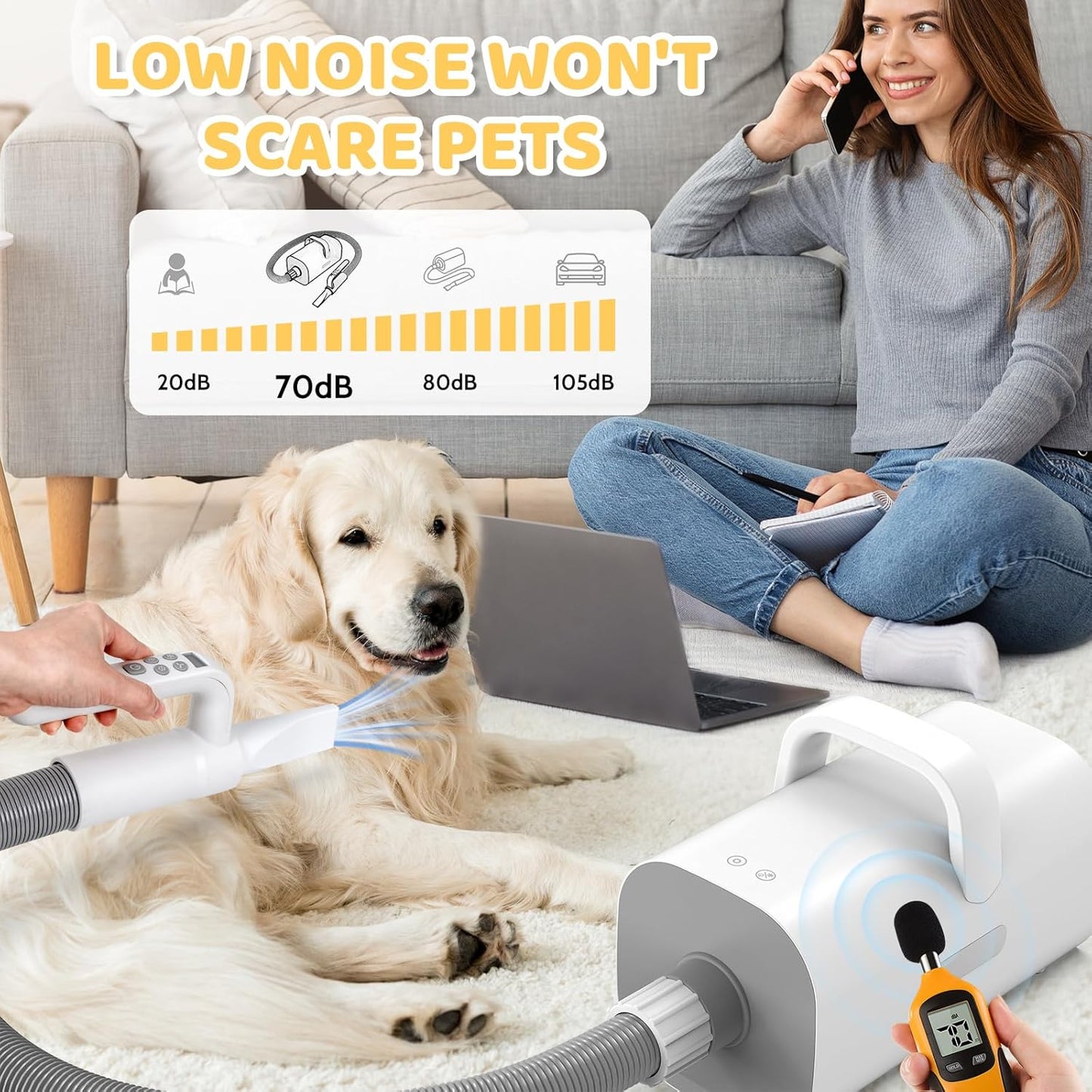 Smart Handle Pet Grooming Dryer (Low Noise, 9-Speed, 4 Nozzles, 90m/s Airflow, Ionic Smoothing)