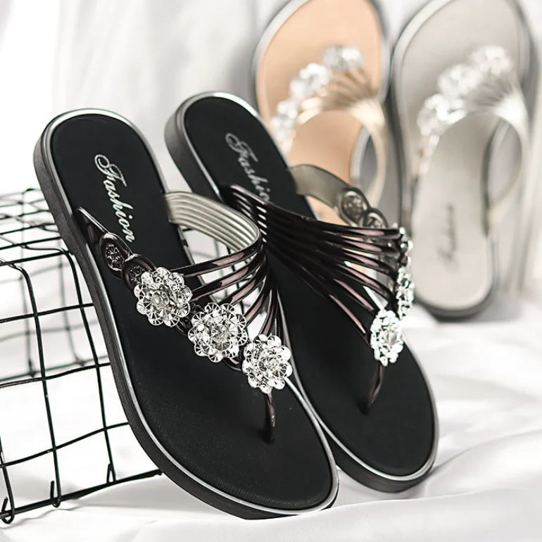 Women's Summer Sandals – Rhinestone-Embellished Cowhide Slippers with Flat Sole Comfort