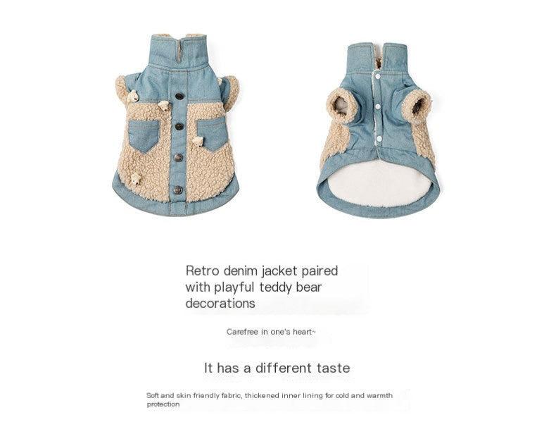 Retro Denim Dog Jacket with Teddy Bear Decoration – Soft Fleece Lining for Cold Weather Comfort