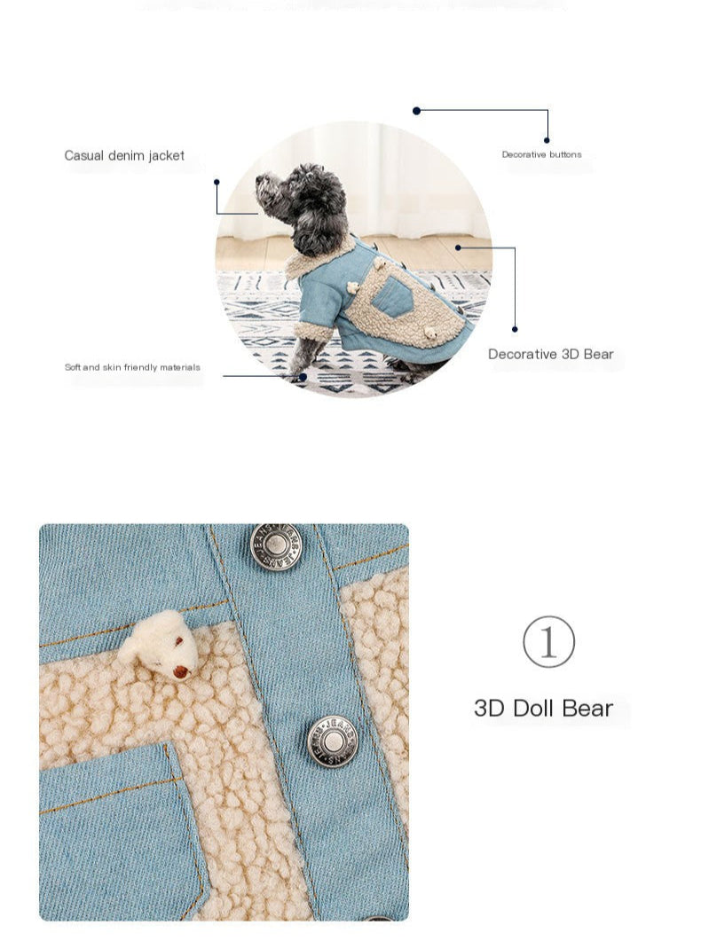 Retro Denim Dog Jacket with Teddy Bear Decoration – Soft Fleece Lining for Cold Weather Comfort