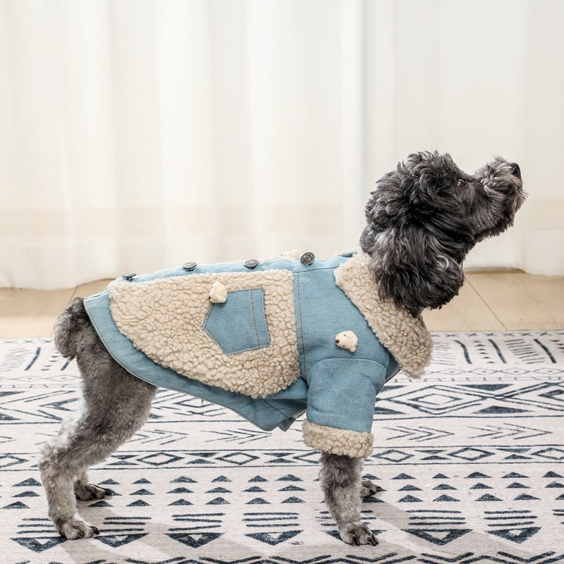 Retro Denim Dog Jacket with Teddy Bear Decoration – Soft Fleece Lining for Cold Weather Comfort