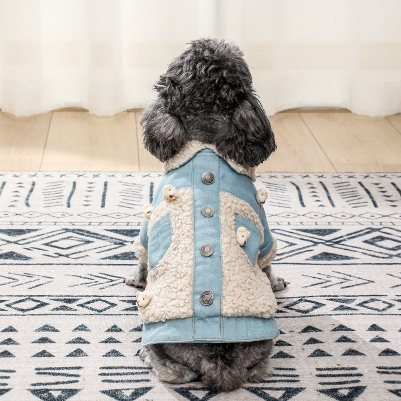 Retro Denim Dog Jacket with Teddy Bear Decoration – Soft Fleece Lining for Cold Weather Comfort