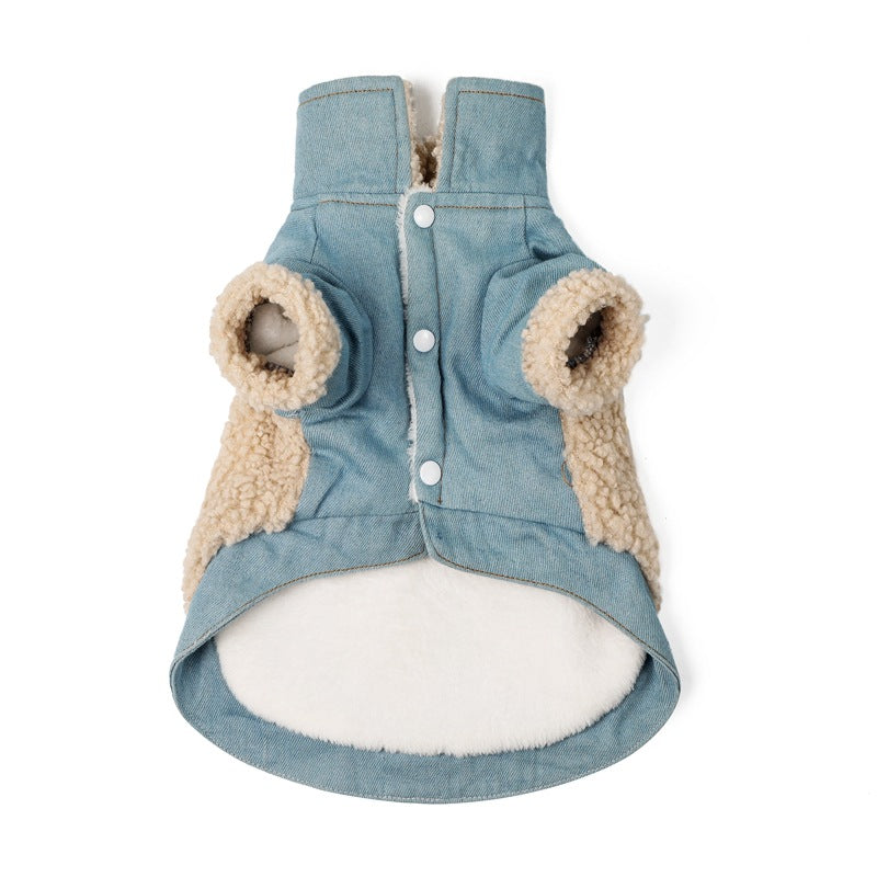 Retro Denim Dog Jacket with Teddy Bear Decoration – Soft Fleece Lining for Cold Weather Comfort