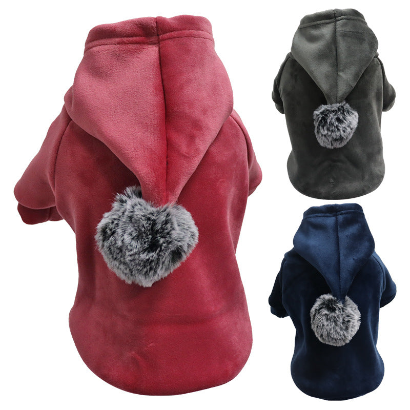 Cute Pet Ball Hoodie – Soft Golden Velvet Dog Sweater with Pom-Pom Hood (XS–XXL)