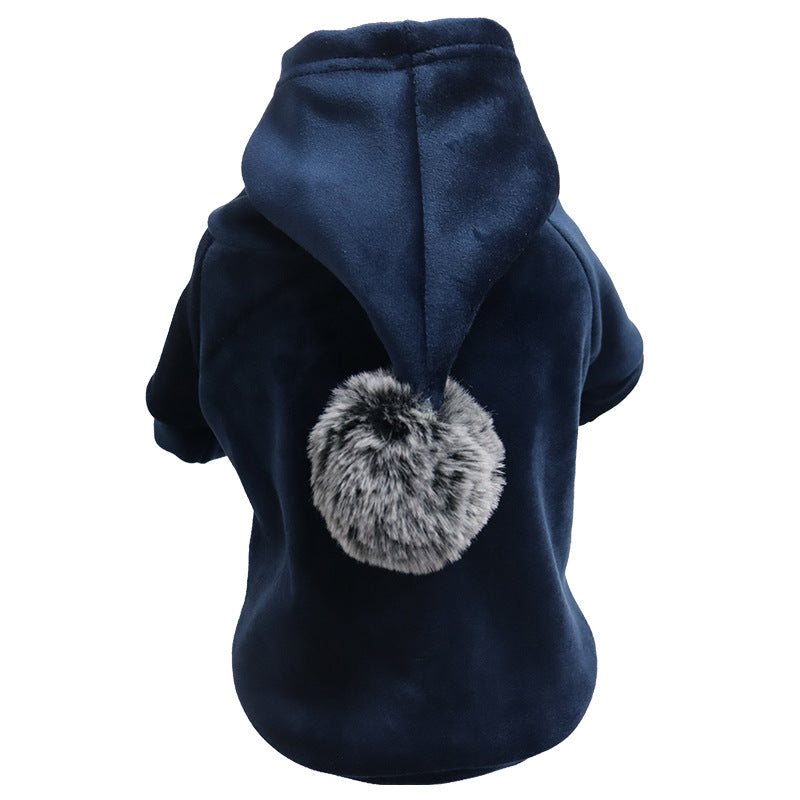 Cute Pet Ball Hoodie – Soft Golden Velvet Dog Sweater with Pom-Pom Hood (XS–XXL)