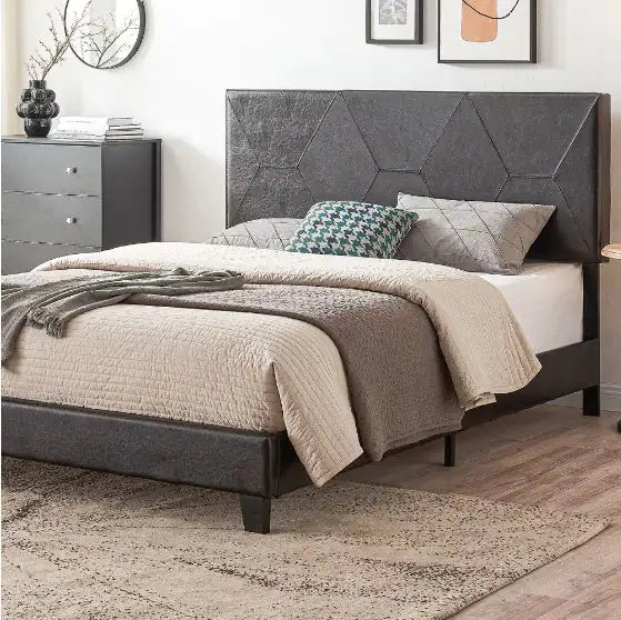 Queen Size Upholstered Platform Bed Frame – Wooden Slatted Support, Easy to Assemble, Black PU
