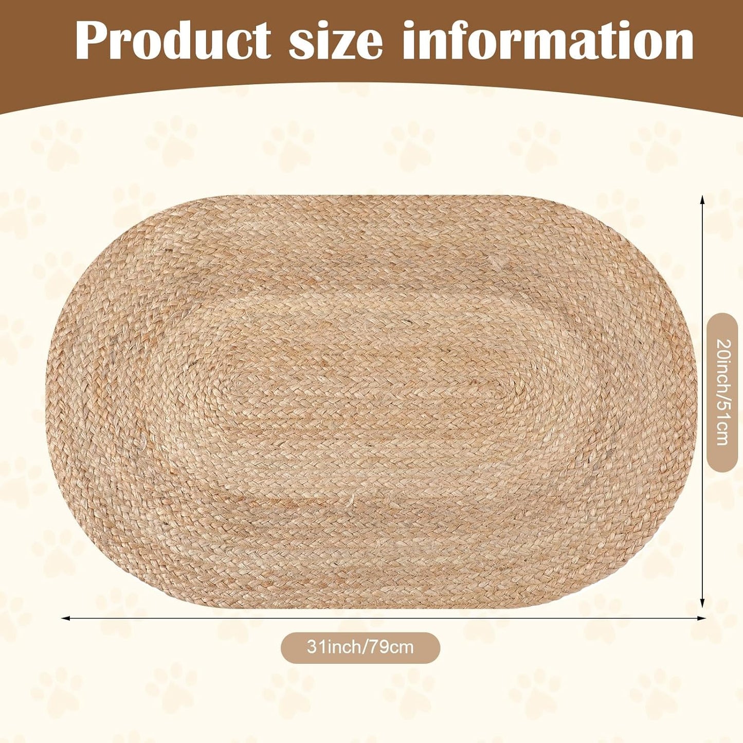 Braided Jute Dog Bowl Mat – 31 x 20 Inch Oval Handwoven Natural