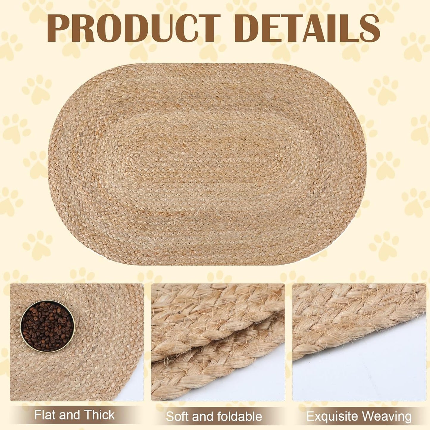 Braided Jute Dog Bowl Mat – 31 x 20 Inch Oval Handwoven Natural