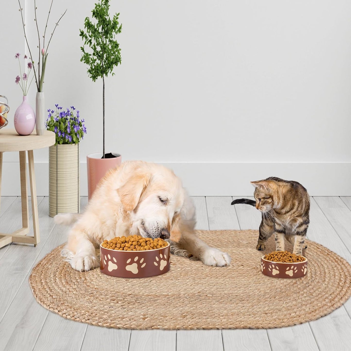 Braided Jute Dog Bowl Mat – 31 x 20 Inch Oval Handwoven Natural