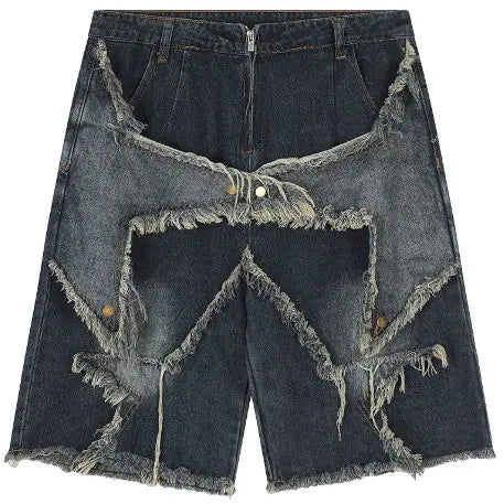 Loose-Fit Casual Denim Shorts with Frayed Hem and Patchwork – Effortless Style Meets Everyday Comfort