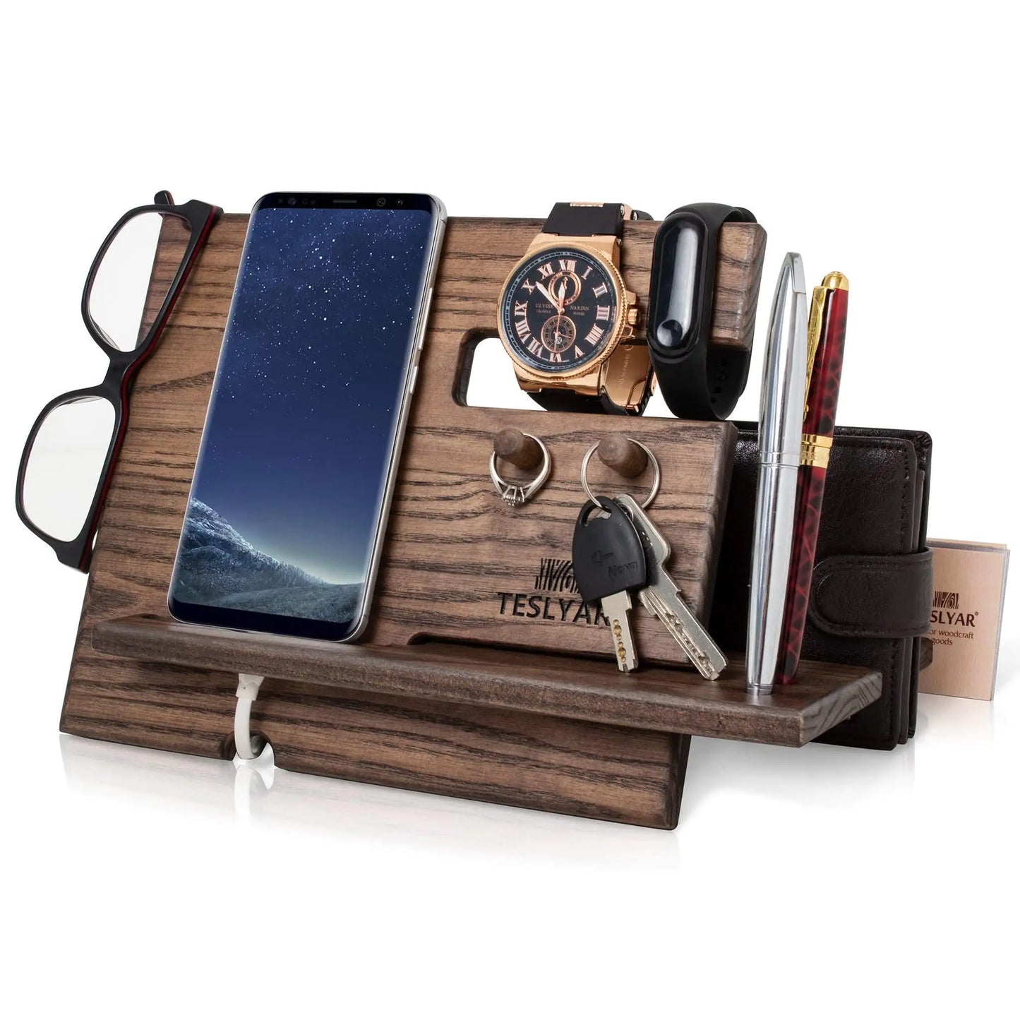 Wood Phone Docking Station – Ash Key Hooks, Wallet Stand, and Watch Organizer for Men