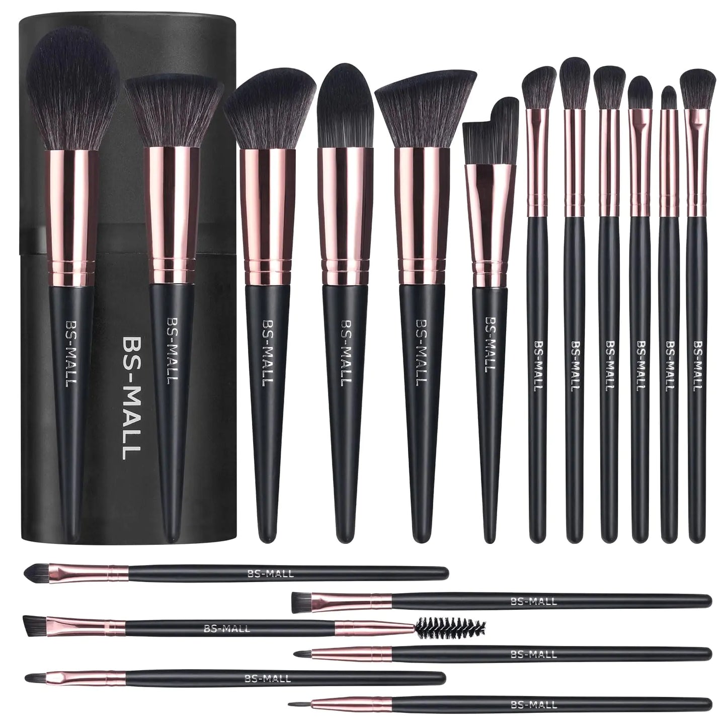 18-Piece Makeup Brush Set with Storage Bucket (Black & Rose Gold, Professional Synthetic Bristles)