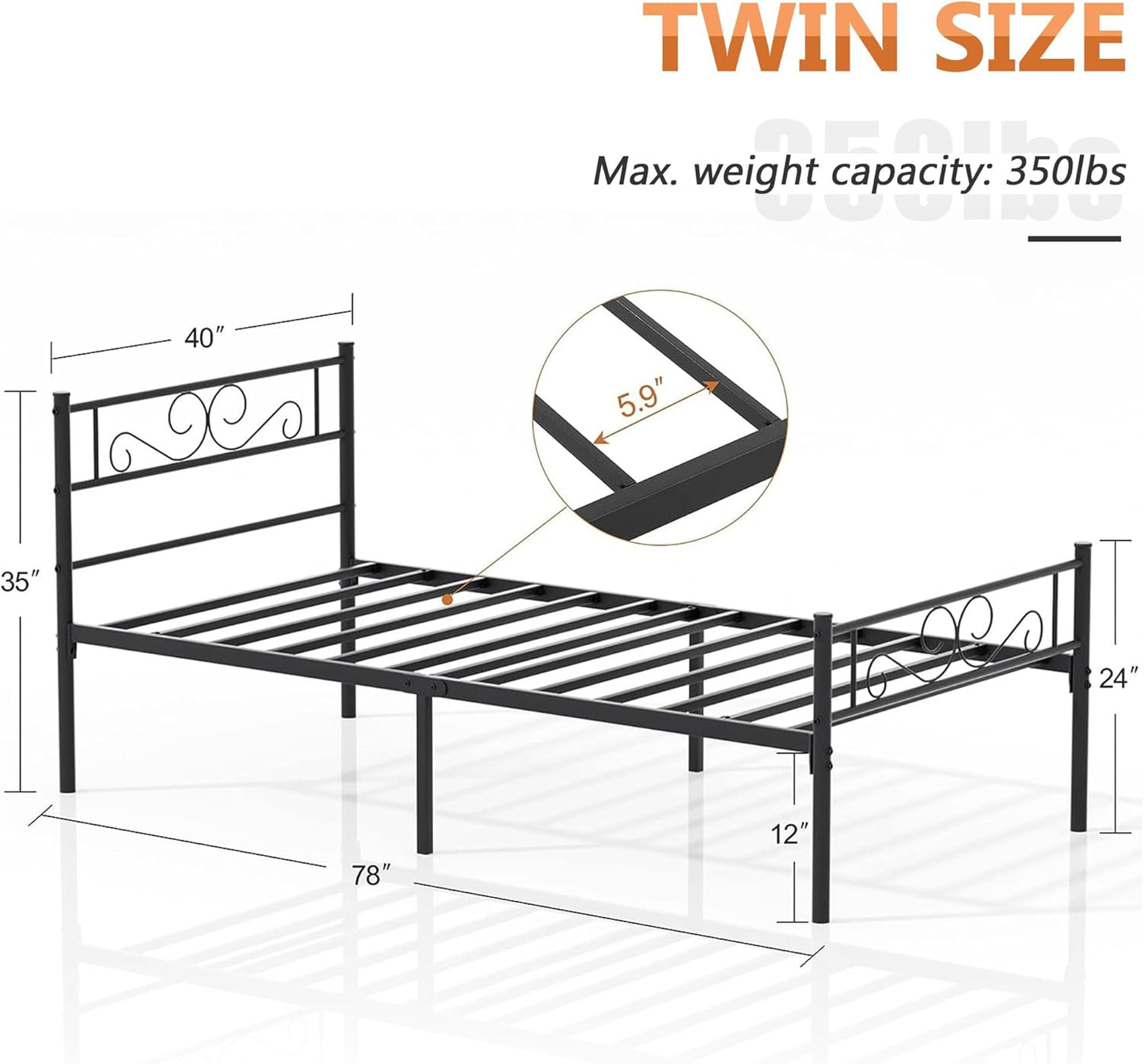 Twin Size Bed Frame with Headboard, 14 Inch Metal Platform Mattress Foundation, No Box Spring Needed, Squeak Resistant, Easy Assembly, Matte Black