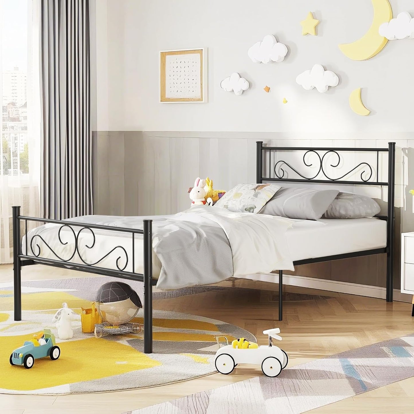 Twin Size Bed Frame with Headboard, 14 Inch Metal Platform Mattress Foundation, No Box Spring Needed, Squeak Resistant, Easy Assembly, Matte Black