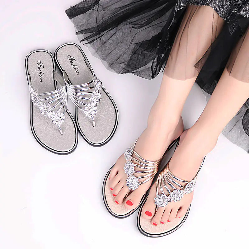 Women's Summer Sandals – Rhinestone-Embellished Cowhide Slippers with Flat Sole Comfort