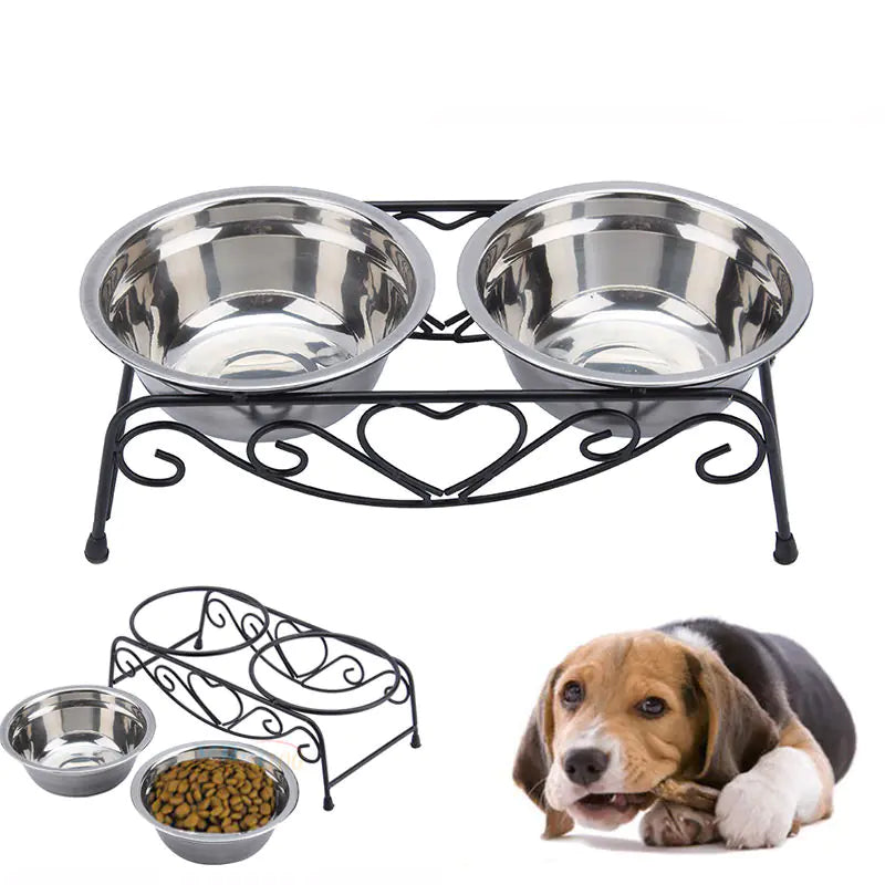 High-End Dual-Use Elevated Stainless Steel Pet Bowl with Black Iron Stand