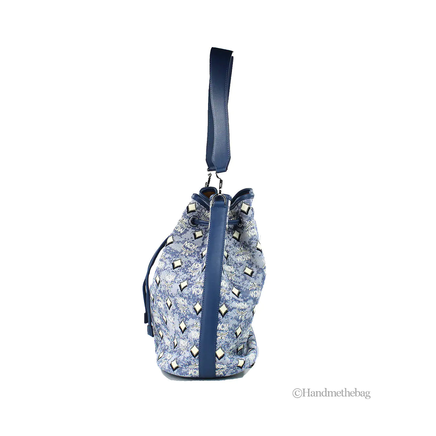 MCM Large Blue Vintage Denim Drawstring Bucket Handbag – Logo Fabric & Leather Trim