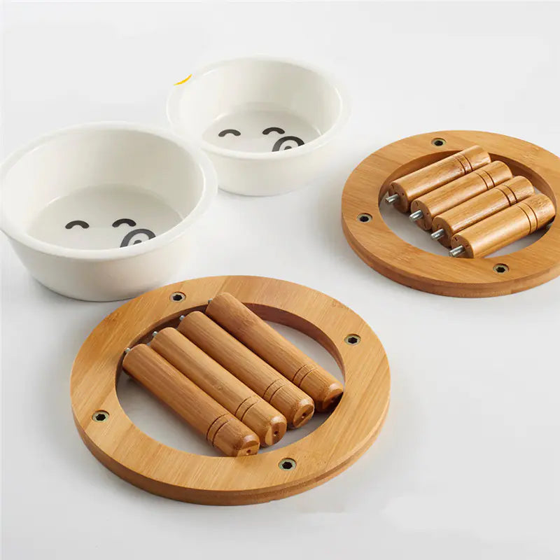 Elevated Bamboo & Ceramic Pet Bowl – Ergonomic Design for Cats and Dogs