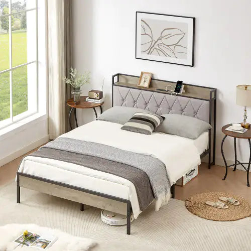 Full Size Bed Frame with Charging Station – Grey, 83.1" L x 56.1" W x 39.2" H