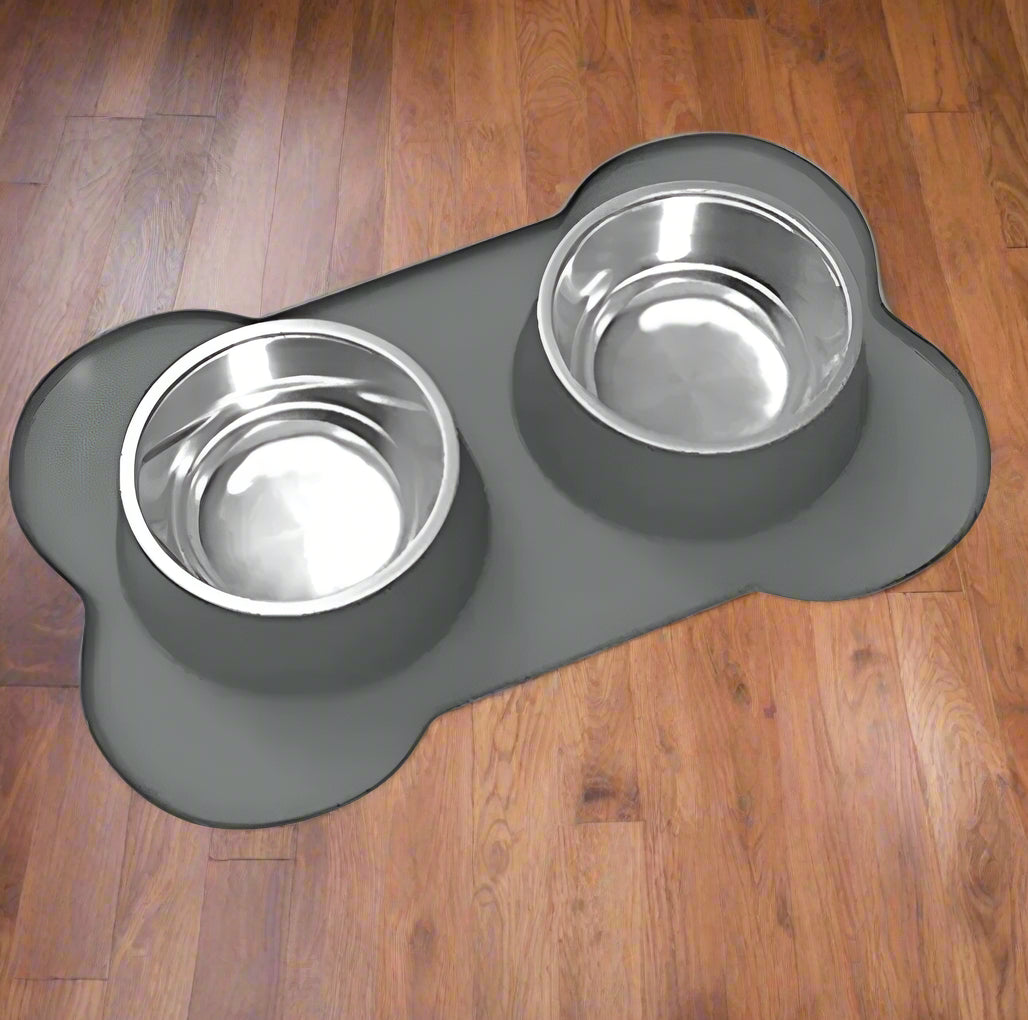 Bone-Shaped Silicone Pet Bowl Mat with Stainless Steel Bowls