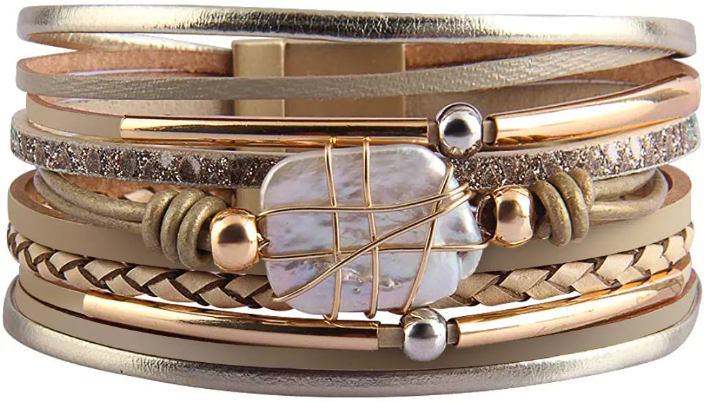 Fesciory Bracelet for Women – Boho Leather Wrap Multi-Layer Pearl Crystal Bracelet Bangle Jewelry