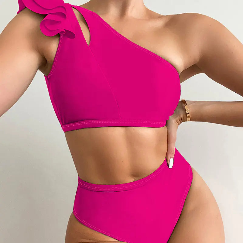 One-Shoulder Ruffled High Waist Bikini – Sexy, Sleek Swimwear in Vibrant Colors (Sizes S–L)