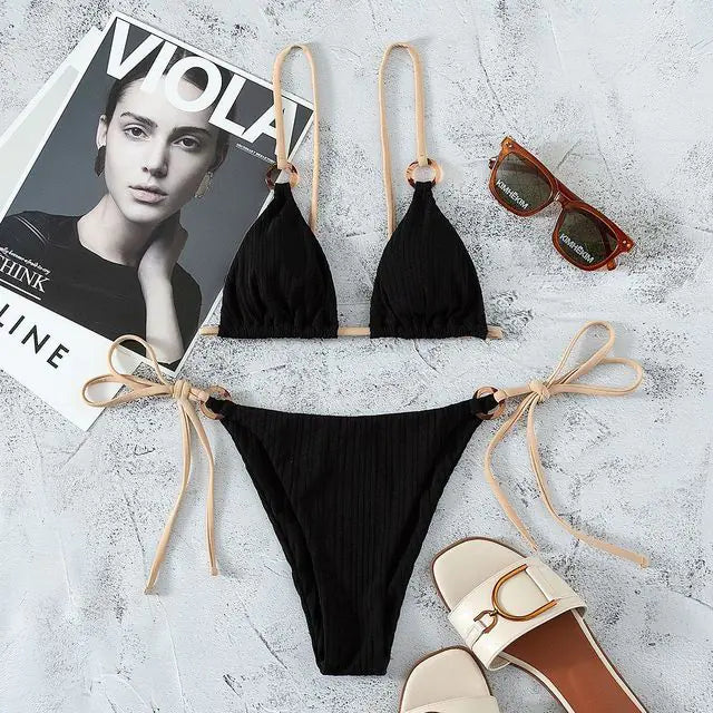 White Triangle Thong Bikini Set with Ring Detail – Flirty Minimalist Swimwear in Classic White