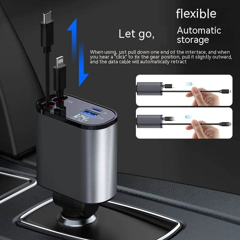 Retractable Car Charger 4-in-1 Fast Charging (100W High-Power, USB + Type-C Dual Port, Automatic Cable Storage)
