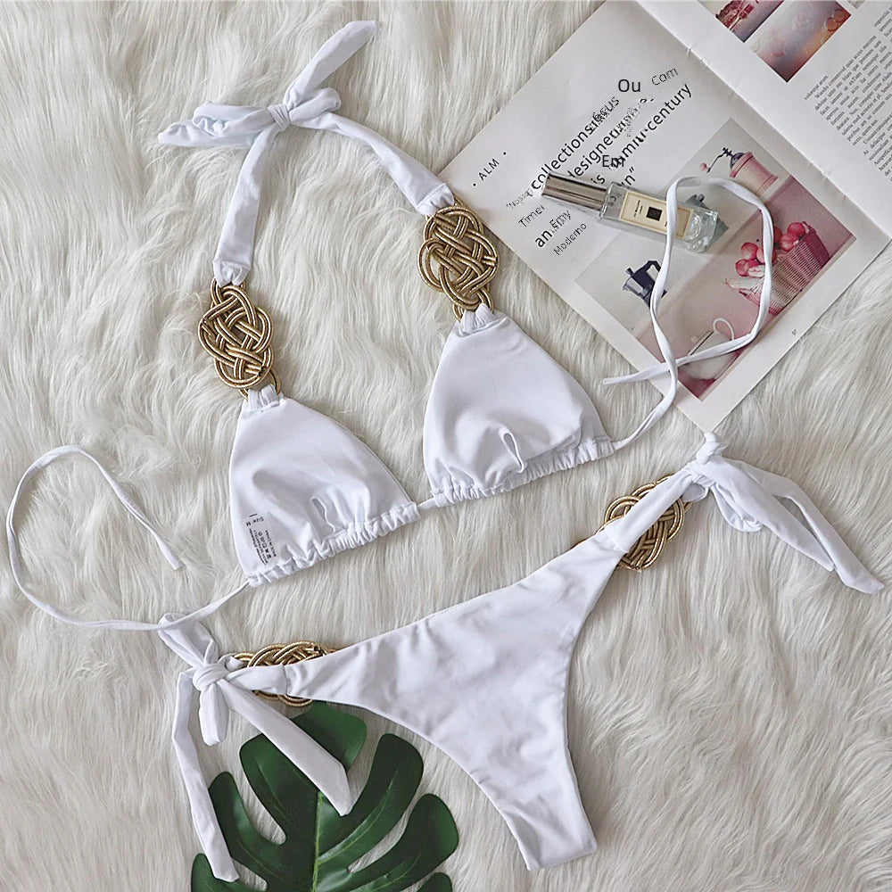 Handwoven Backless Bikini – Sexy Polyester Two-Piece in Bold Summer Colors