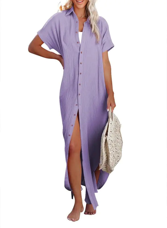 Womens Casual Short Sleeve Side Split Button Down Long Kimonos Cardigans Swimsuit Cover Ups Summer Beach Dress XX-Large 1 White