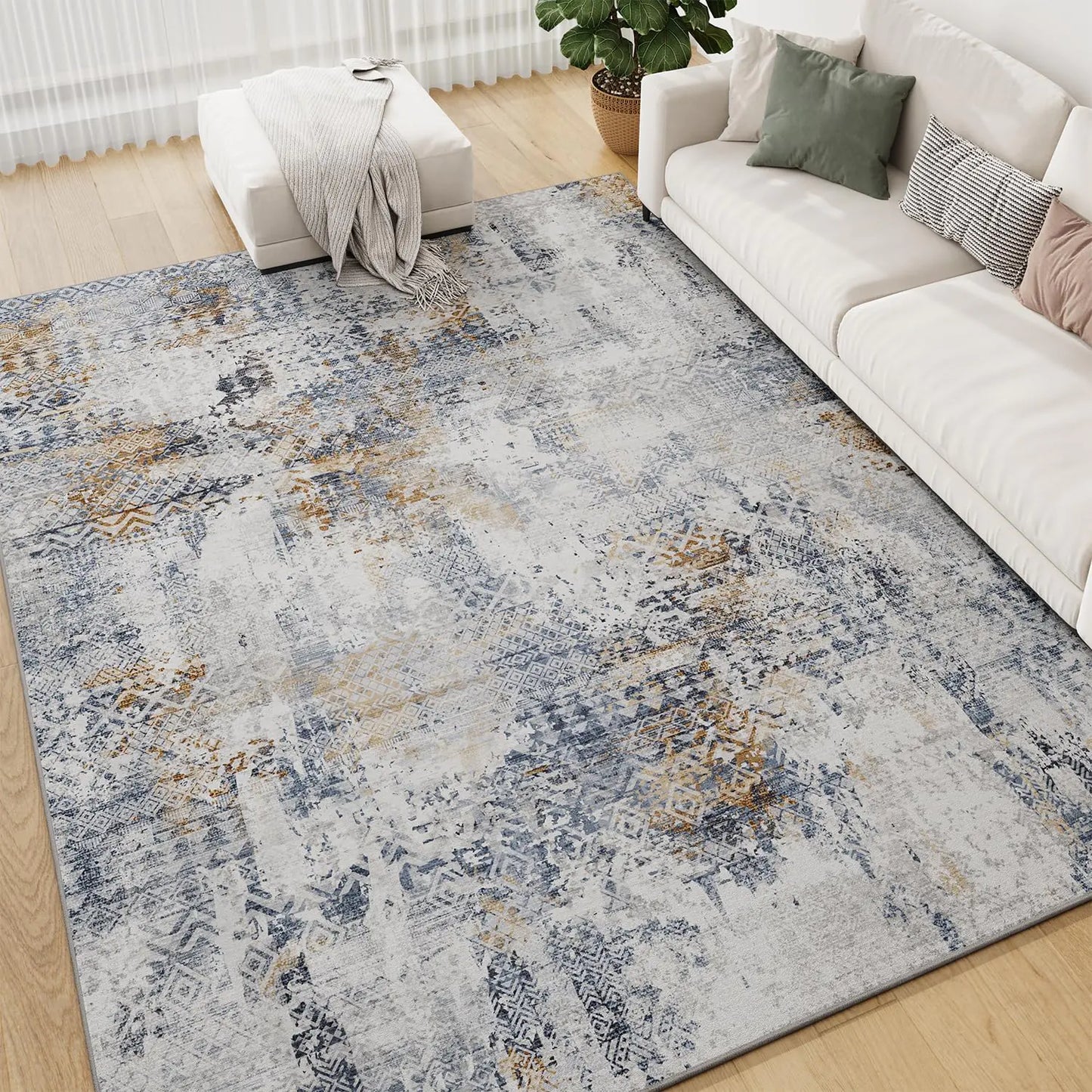 Area Rug 8x10 – Washable Abstract Modern Boho Rug in Navy