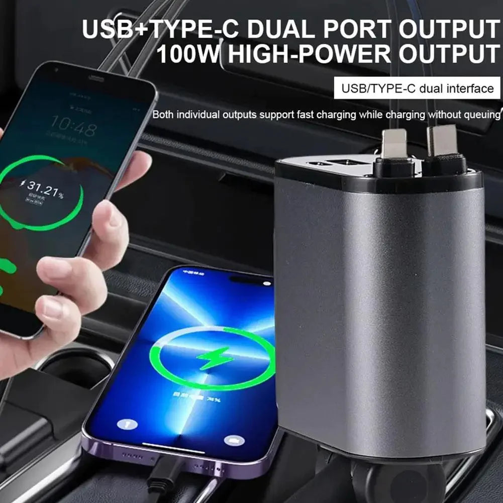 Retractable Car Charger 4-in-1 Fast Charging (100W High-Power, USB + Type-C Dual Port, Automatic Cable Storage)
