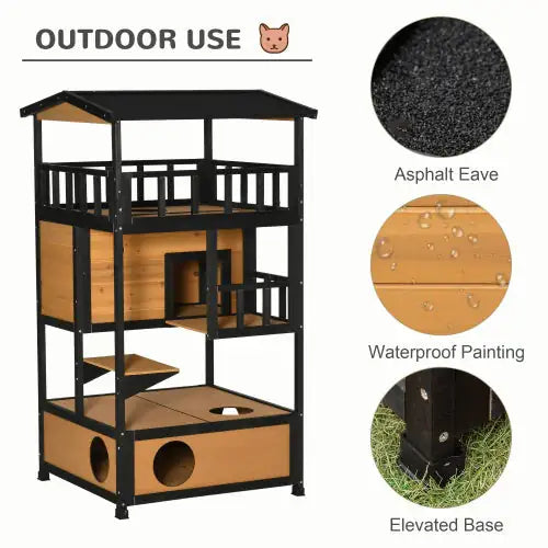 PawHut Wooden Outdoor Cat House – Yellow Wild Cat Sanctuary with Asphalt Roof, Jump Platforms, Escape Door, and Multi-Level Apartment Design